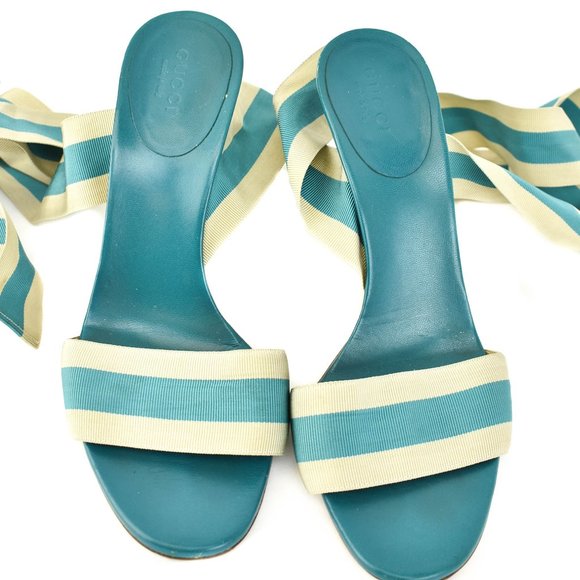 GUCCI Beige/Teal Blue "Web Stripe" & Leather Heels - Picture 3 of 11